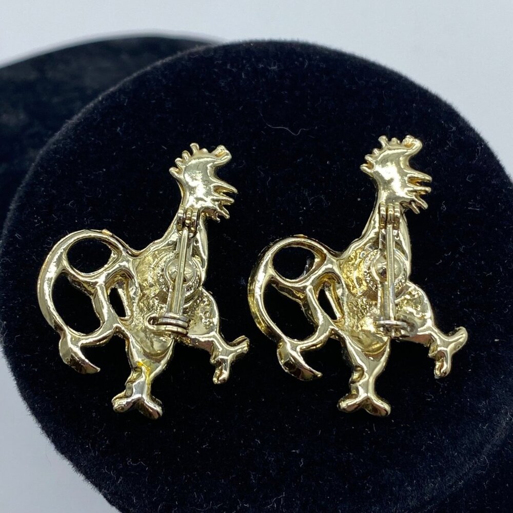 Vintage Gold Tone Roosters Brooches With Rhinestone Accents Pins Set of 2 - Picture 2 of 9